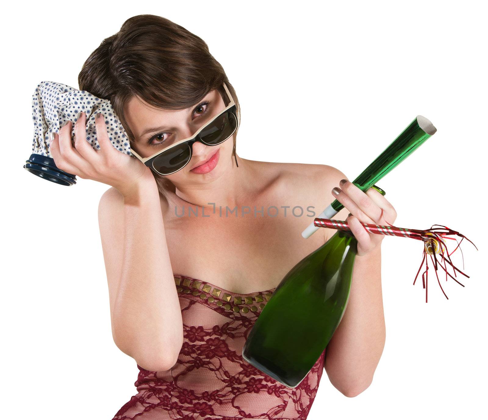 Woman with hangover and ice pack over white background