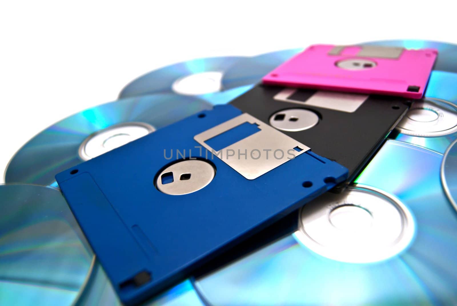 pink and blue disskettes on the cd's