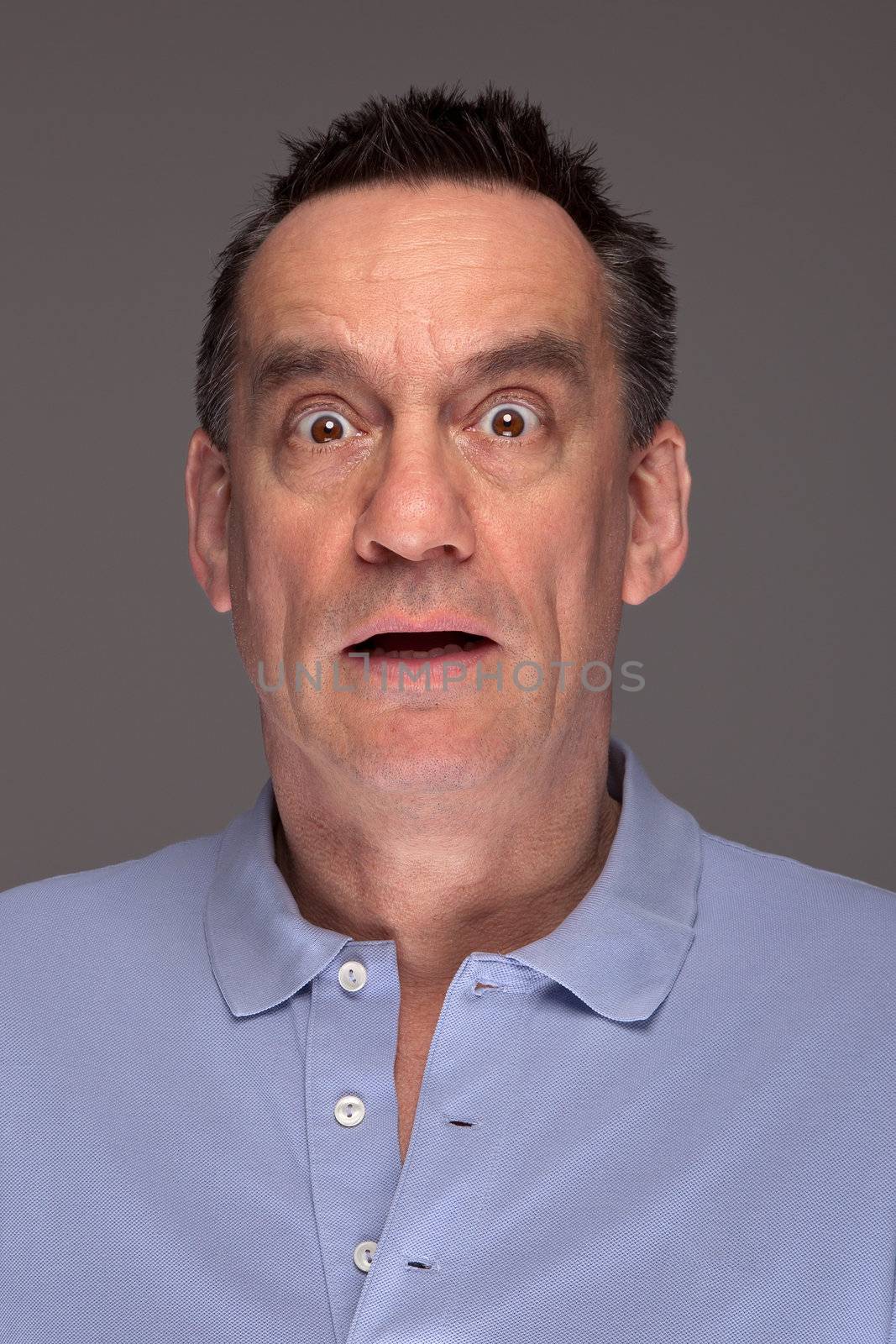 Portrait of Shocked Scared Middle Age Man on Grey Background
