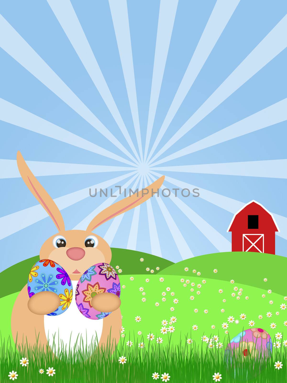Happy Easter Bunny Rabbit Egg Hunting on Green Pasture with Red Barn Illustration