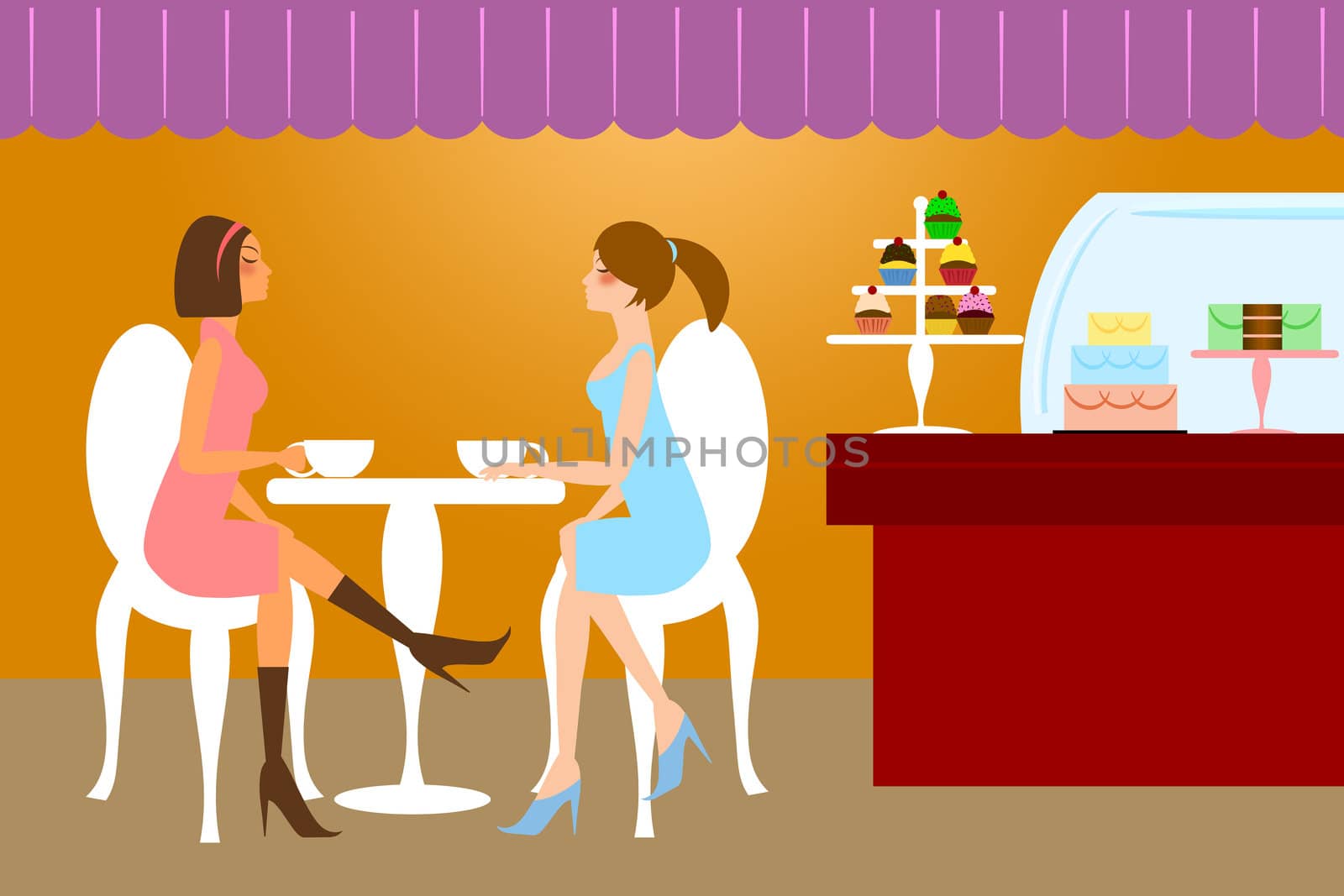 Two Woman Lady Friends Having Coffee at Cafe Cake Pastry Shop Illustration