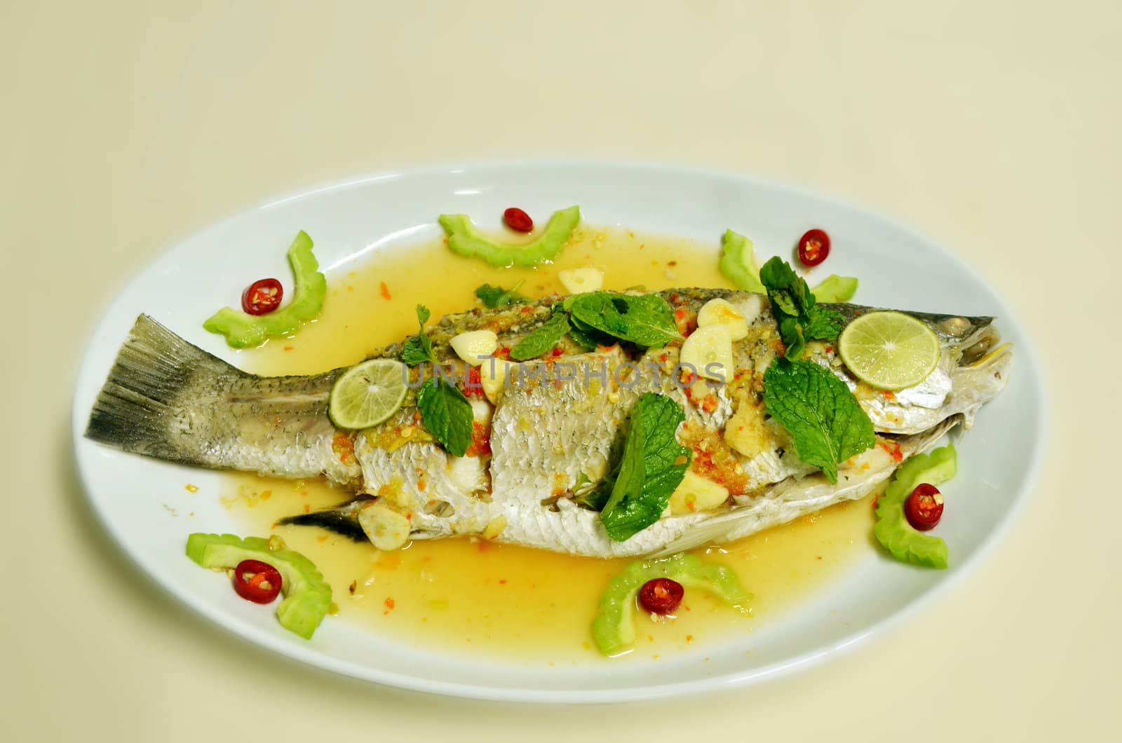 Steamed snapper fish with lemon ,spicy  food