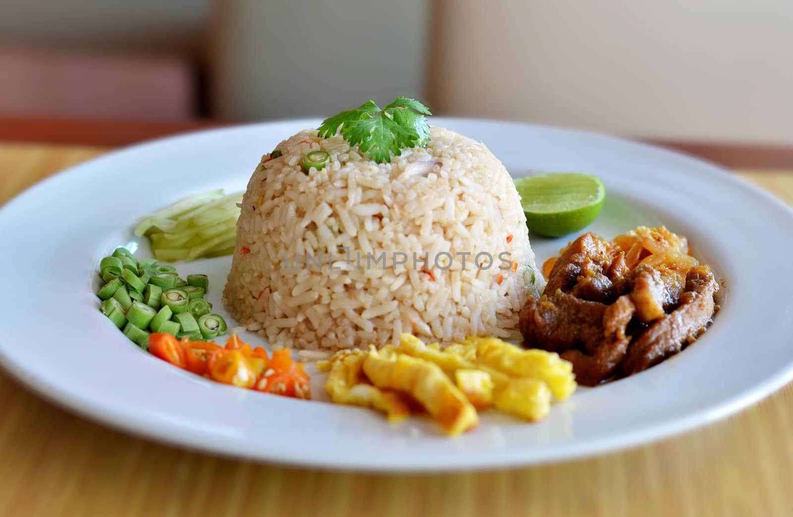 Mixed cooked rice with shrimp paste sauce and fresh vegetable, Thai cuisine