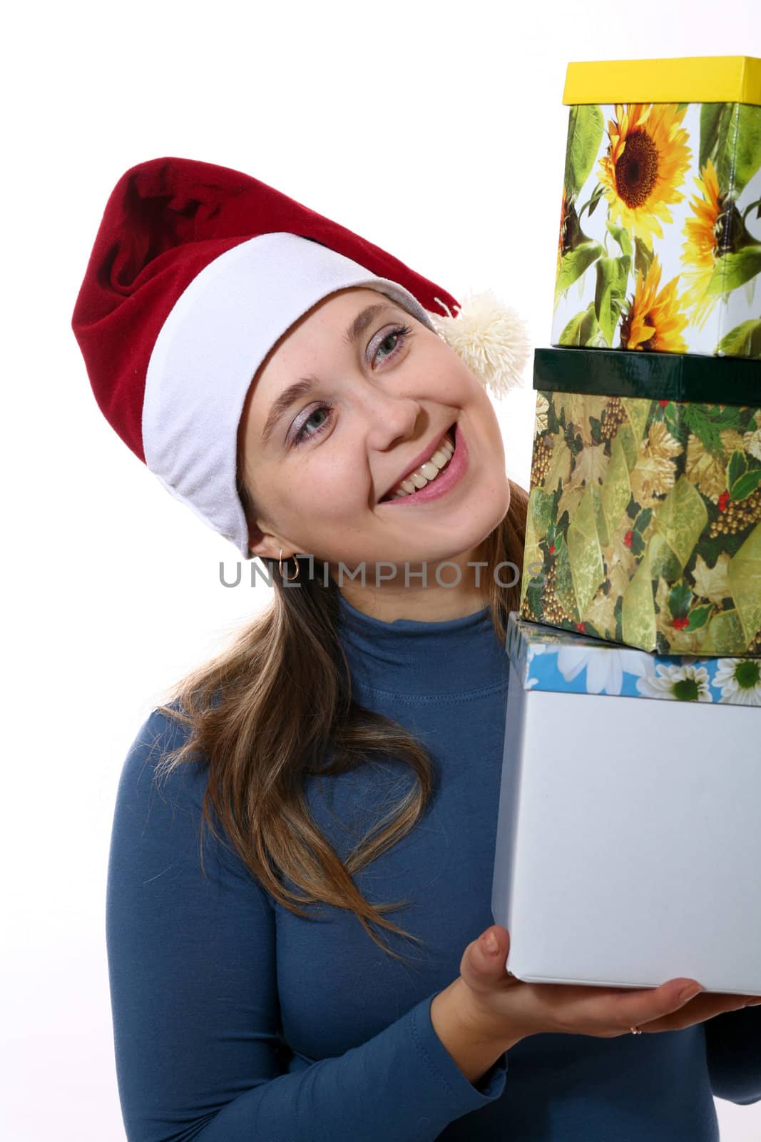 Smiling girl in a cap with three boxes by velkol