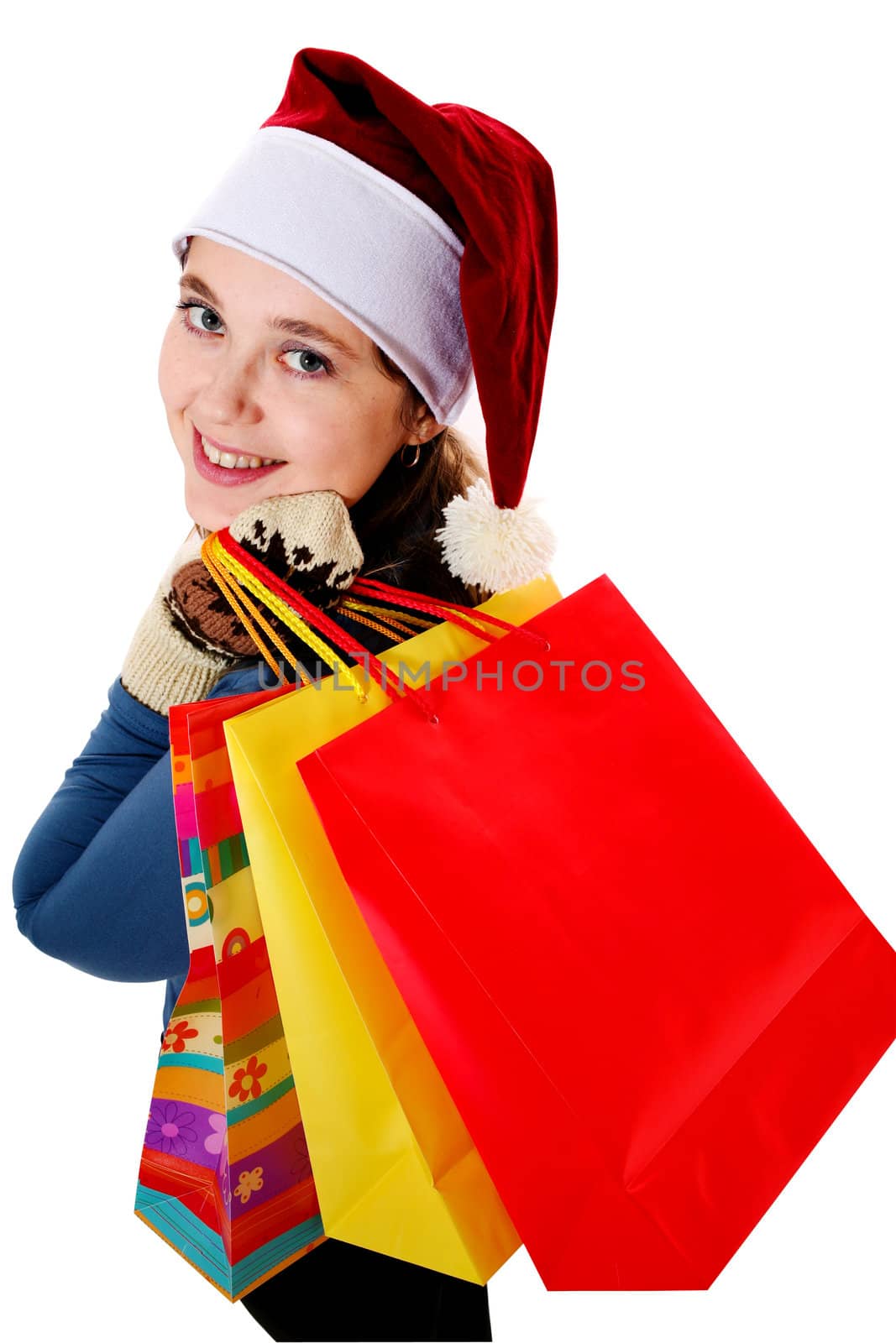An image of a nice girl in a red cap with bags