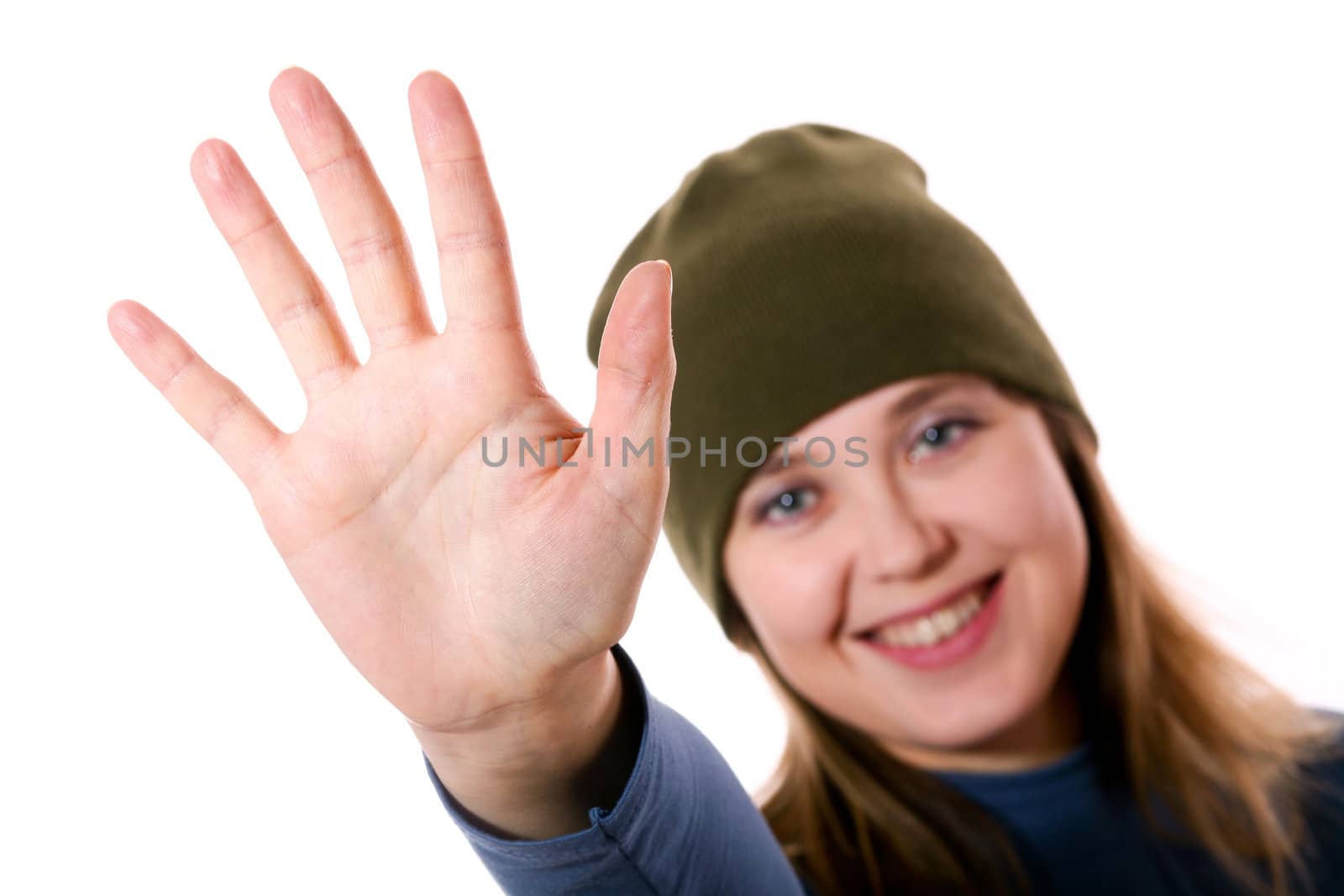 An image of a nice woman in a green hat showing her palm