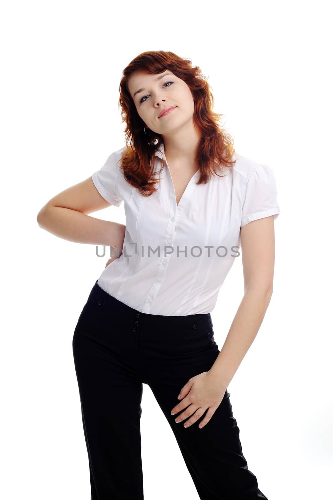 An image of cheerful young woman in white blouse