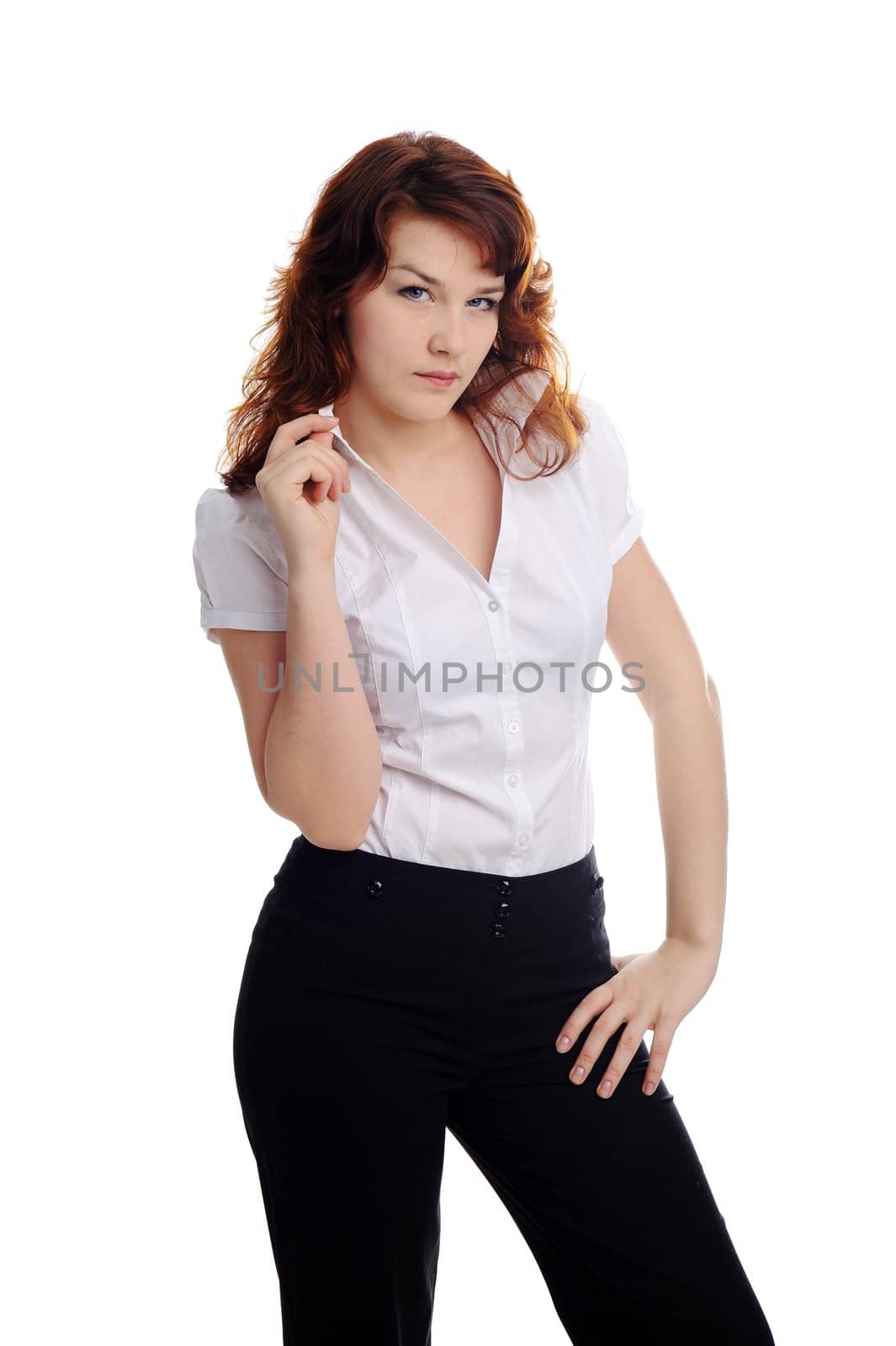 An image of a young beautiful woman in white blouse