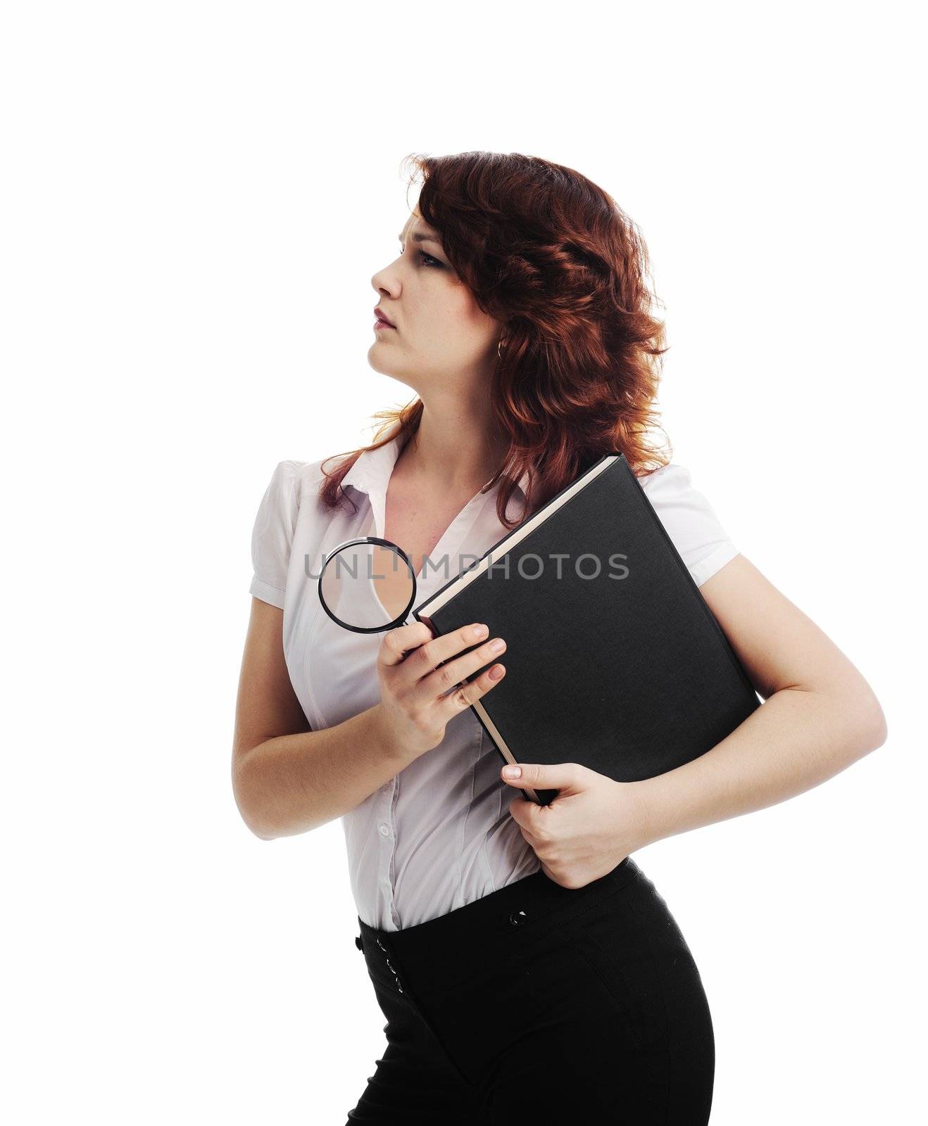 A nice woman with magnifying glass and a book