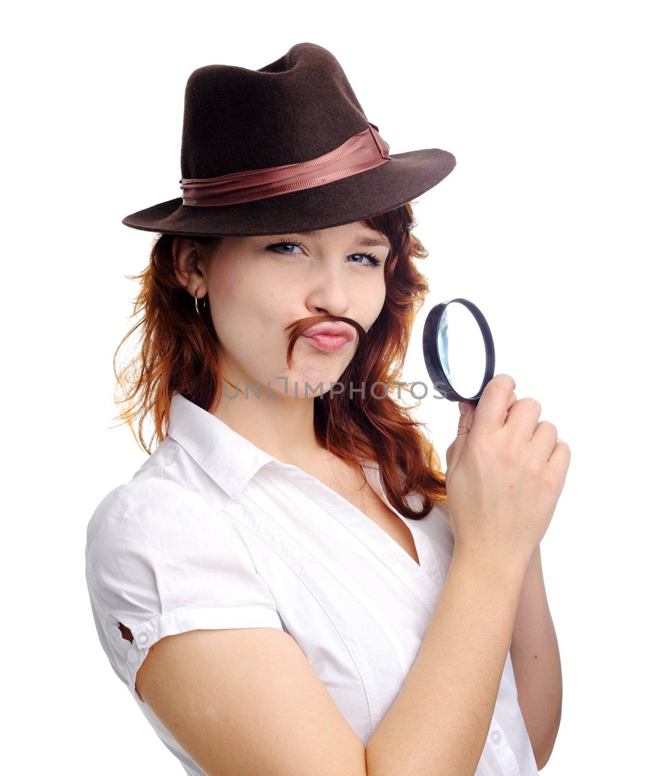 An image of a woman with magnifying glass