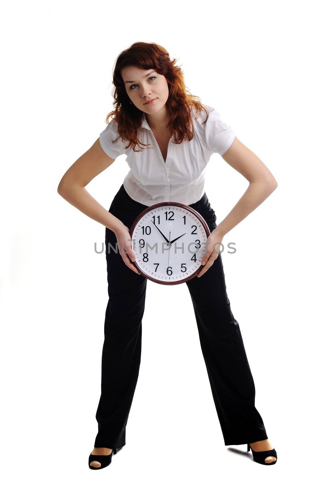 A portrait of a beautiful woman with big clock