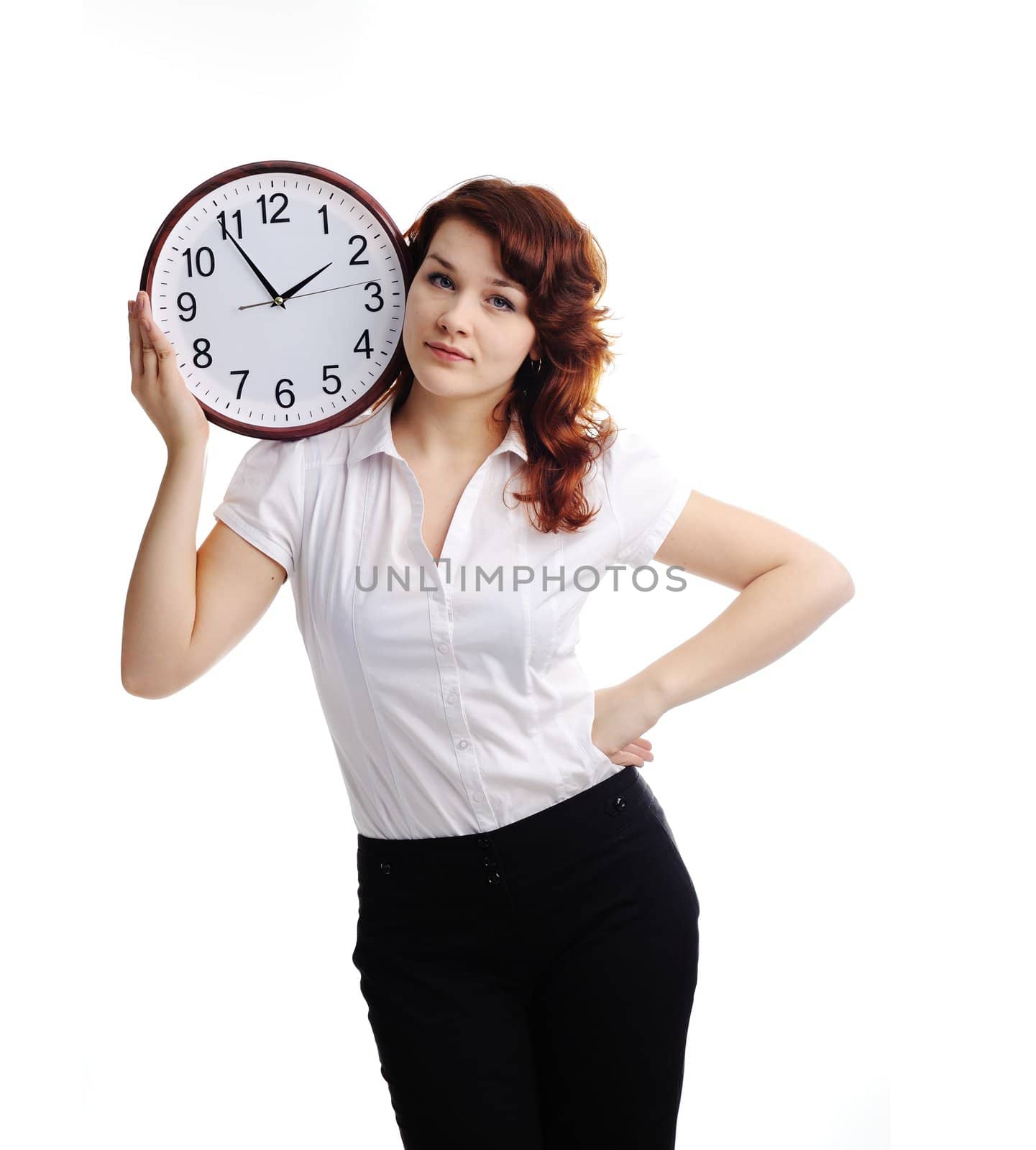 An image of a beautiful woman with a clock