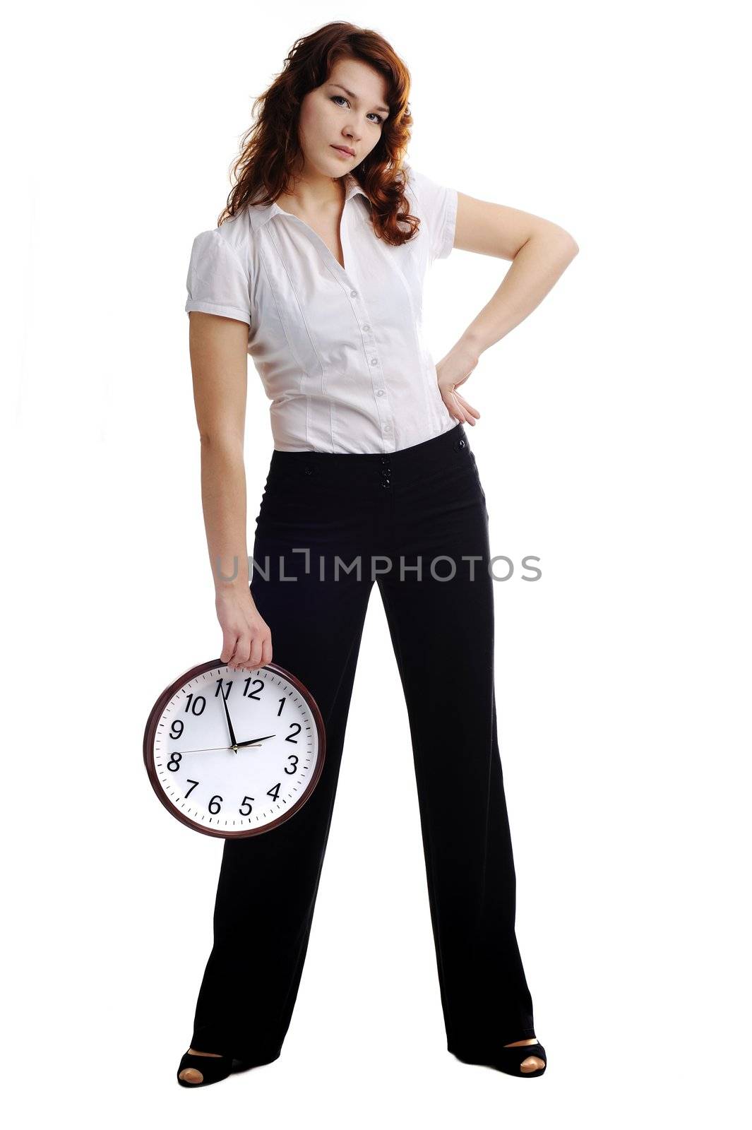 A portrait of a beautiful woman with big clock