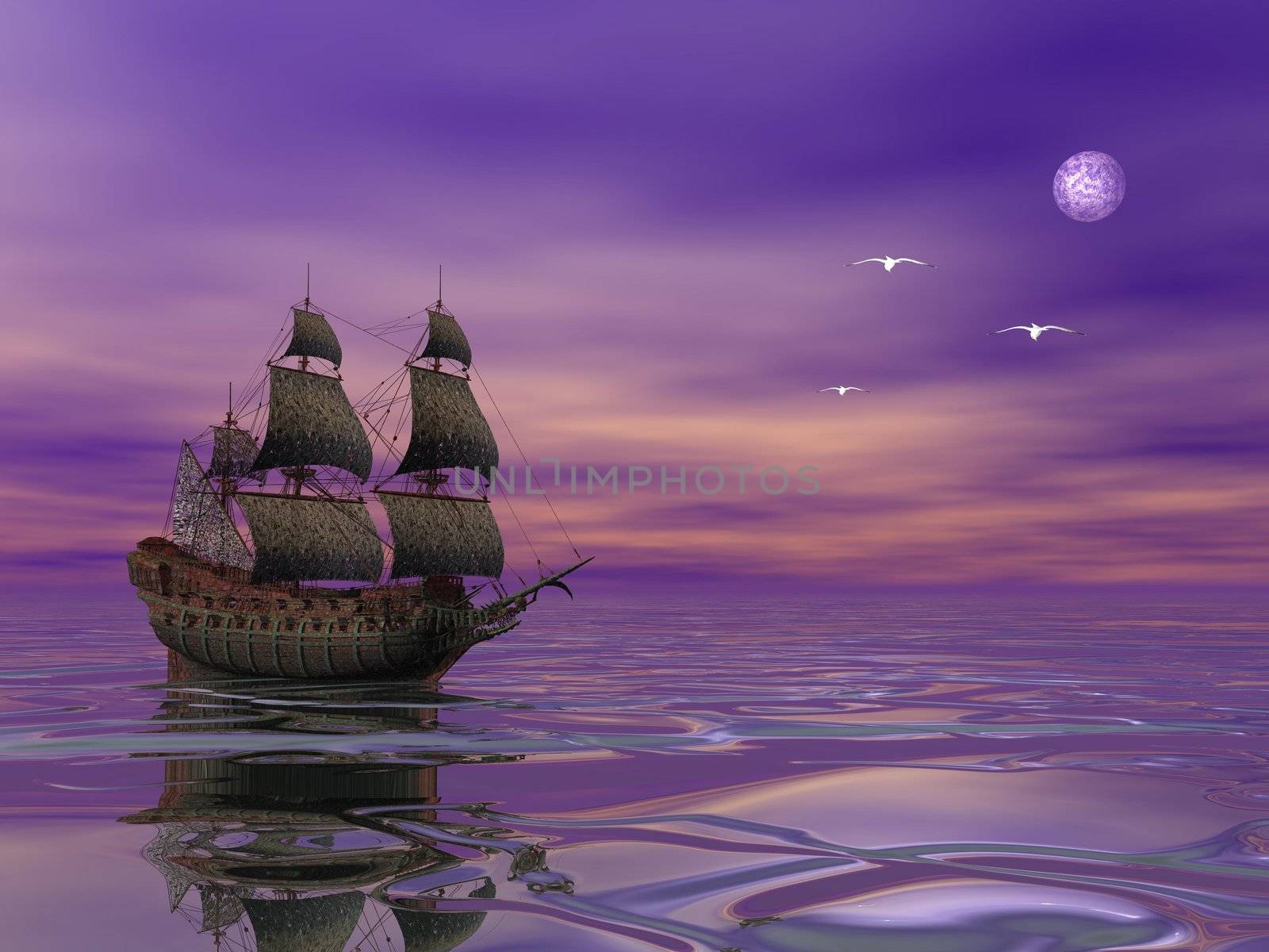 Flying Dutchman, pirate ship sailing in the moonlight next to bird in violet byckground
