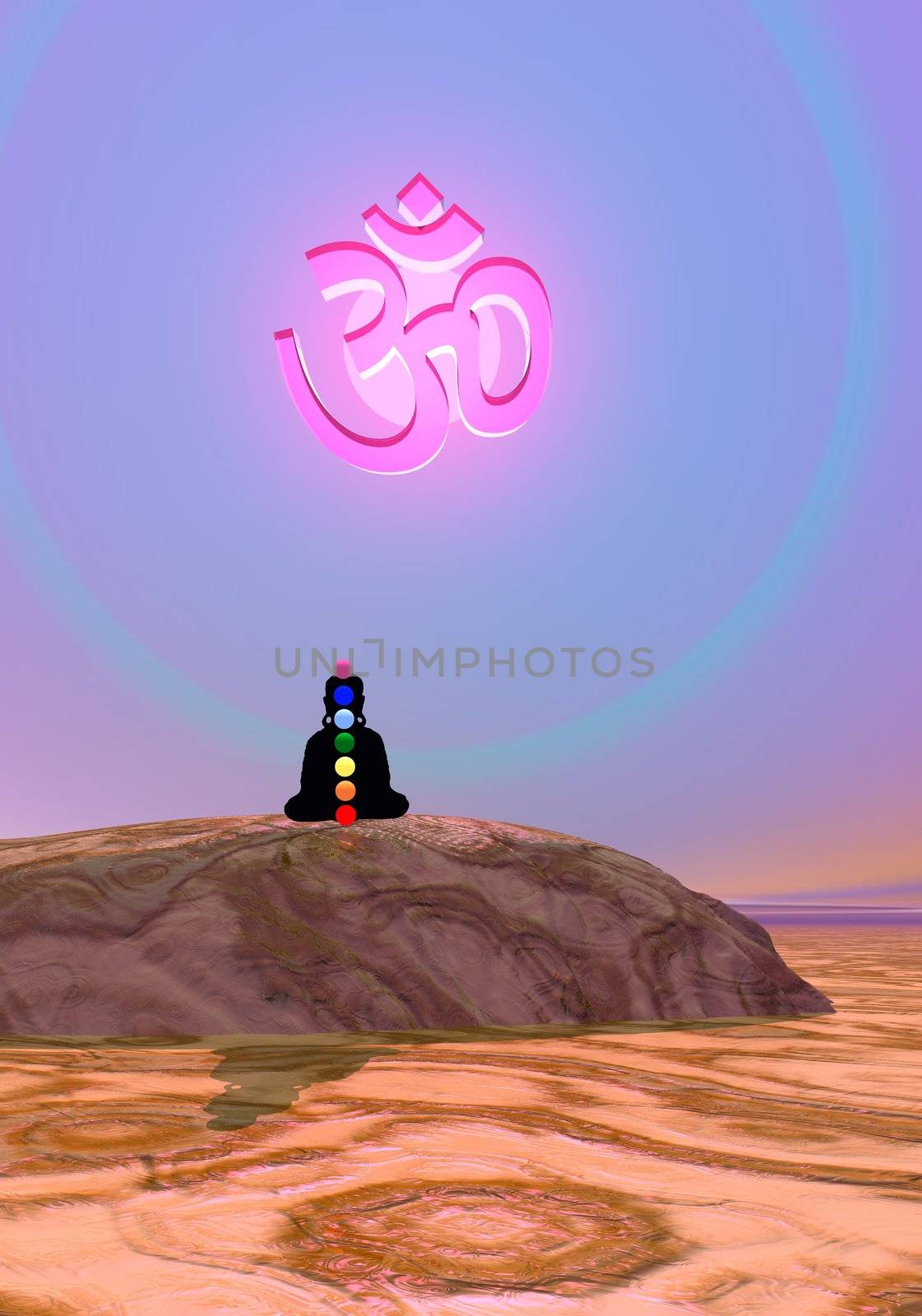 Shadow in meditation with chakras under aum symbol by violet sunset