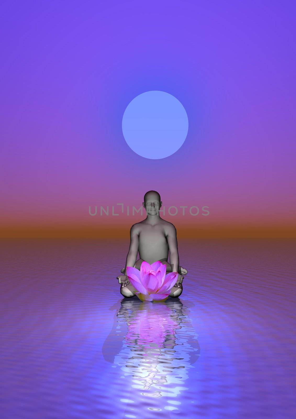 Man meditating in front of a waterlily upon the ocean and under the moon in violet background