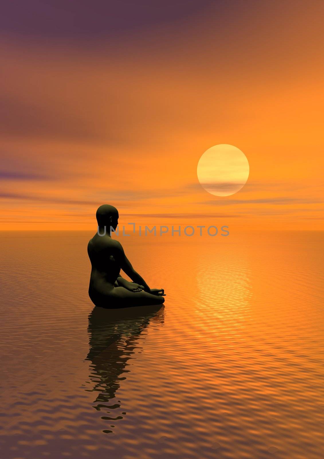 Man meditating in front of the sun and upon the ocean by beautiful sunset