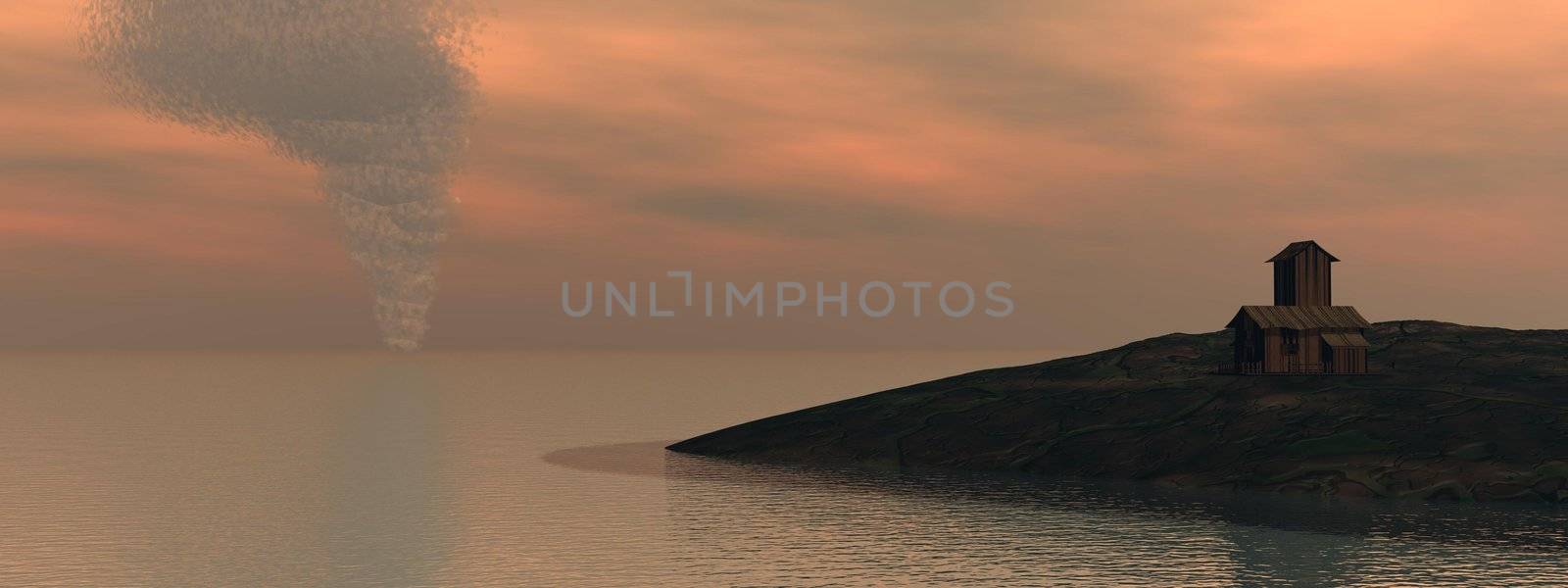 Tornado coming to an island with a little house by sunset