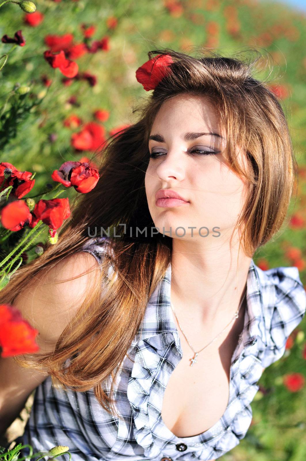 tender girl with long hair relaxing in the poppy field 