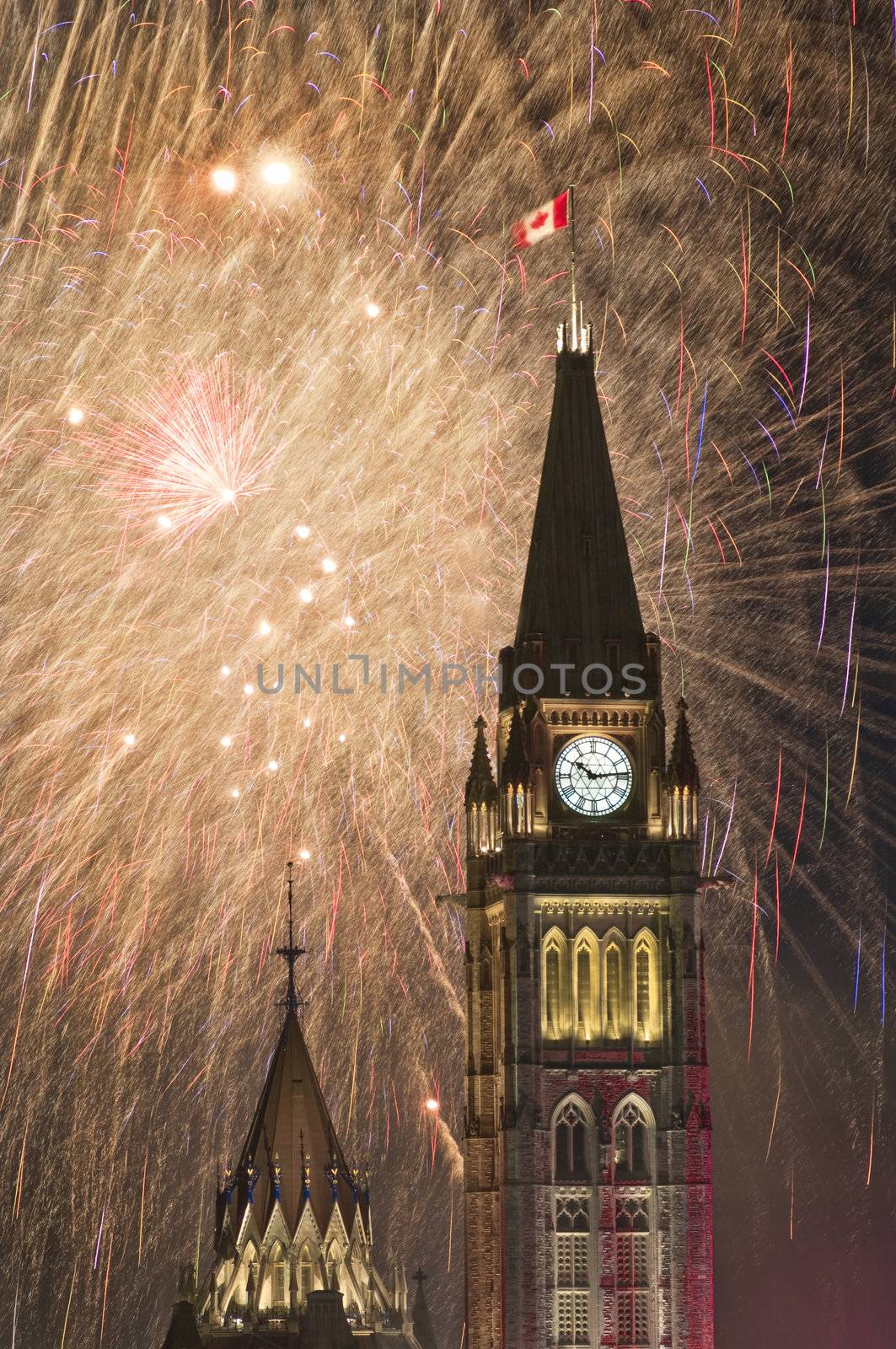 The Canadian Parliament during the fireworks display on Canada Day.