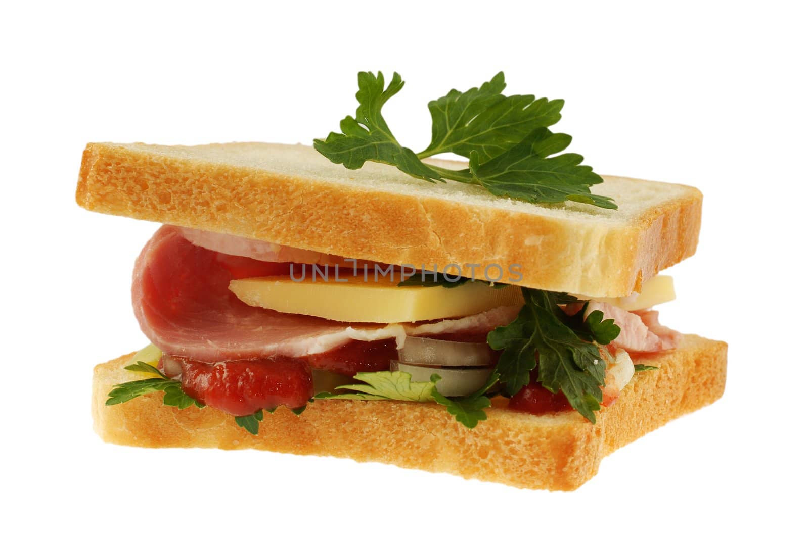 sandwich on white, bread, meat, greens, ketchup