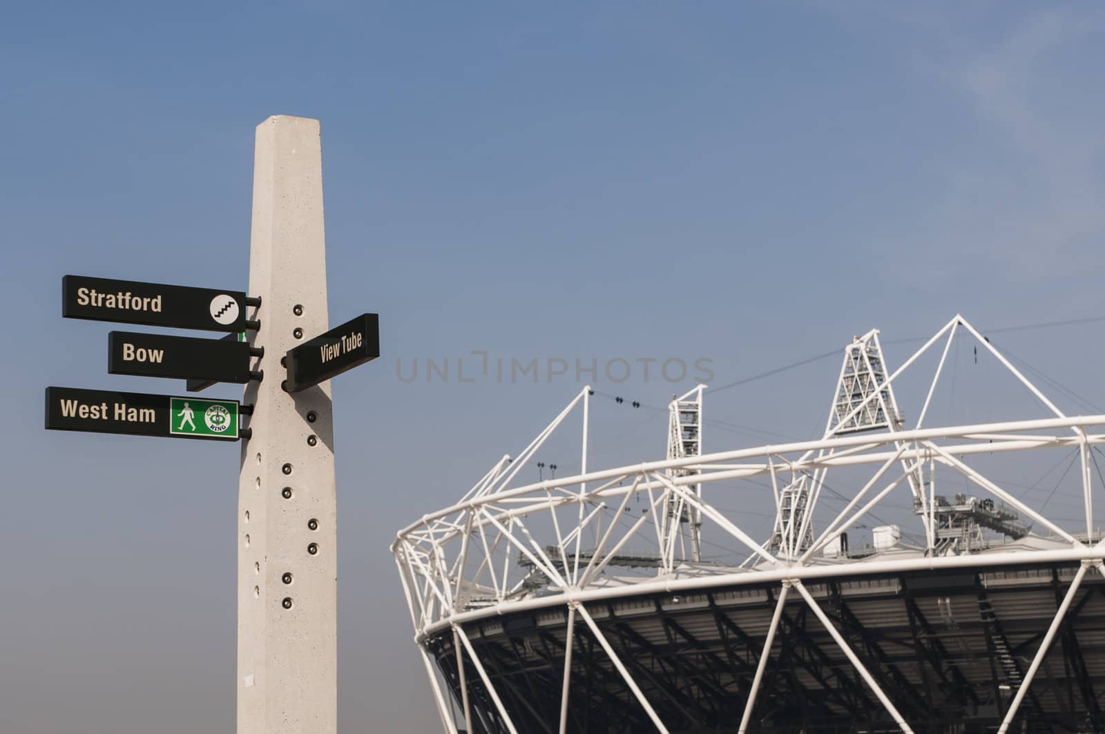 LONDON, UK – MARCH 24: Details of sign post with Olympic stadium in the background on March 24, 2012 in London. All locations around the Olympic Park are undergoing redevelopment works.