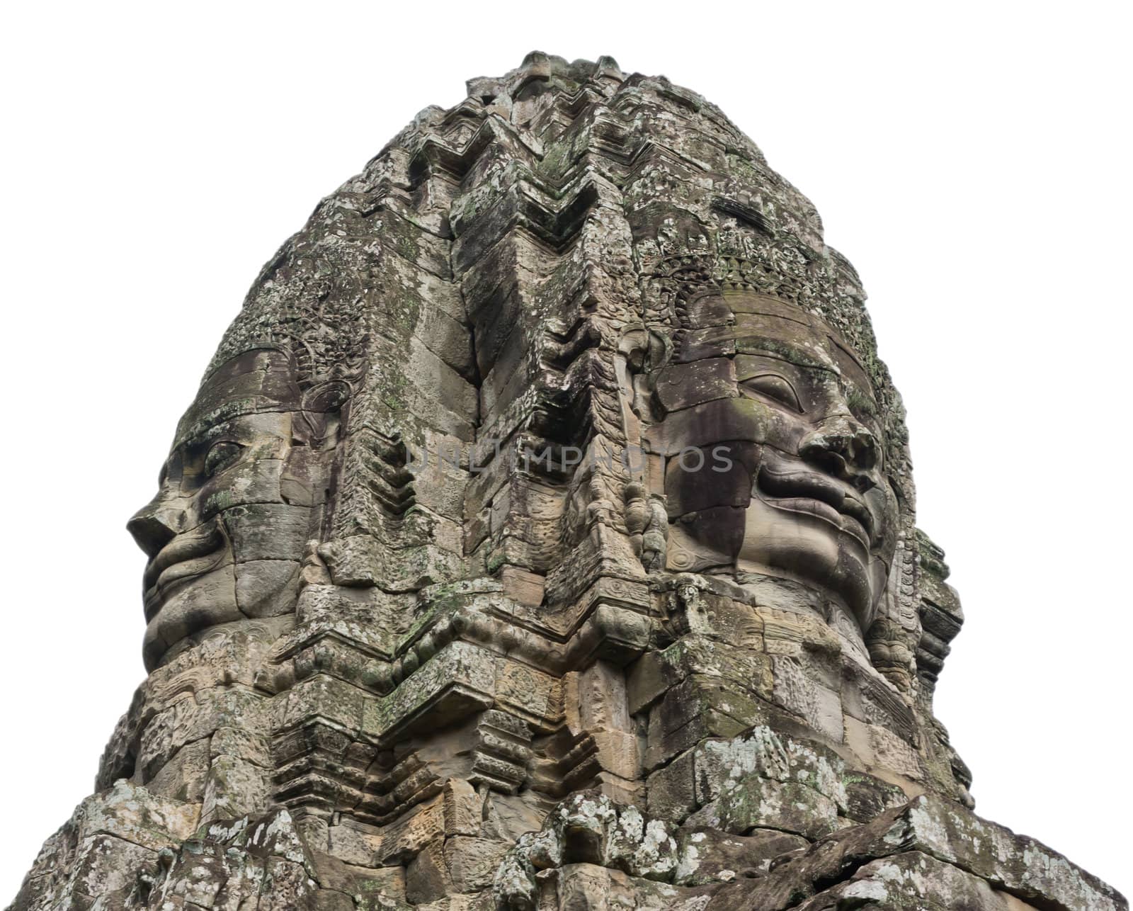 Stone faces, Bayon Temple - Angkor Area, isolated on white background