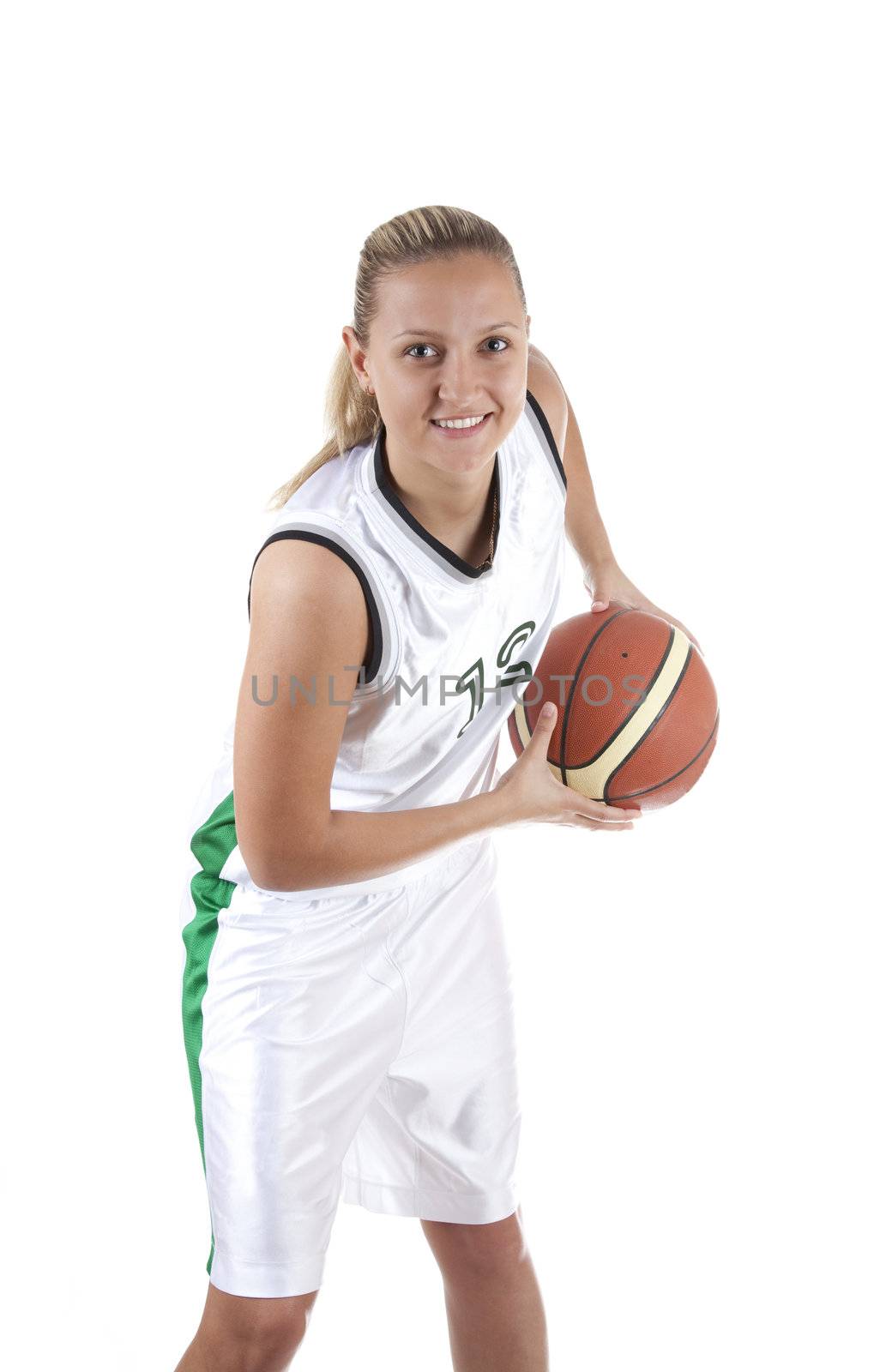 Smiling female basketball player, isolated on white background 