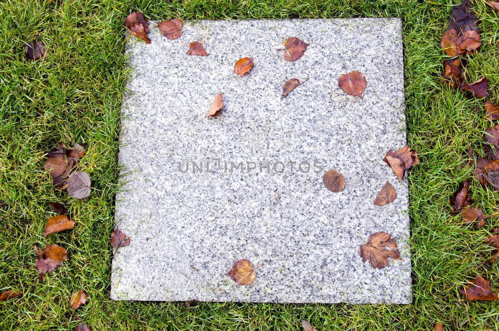 background of ancient marble tile surrounded by lawn and brown autumn leaves.