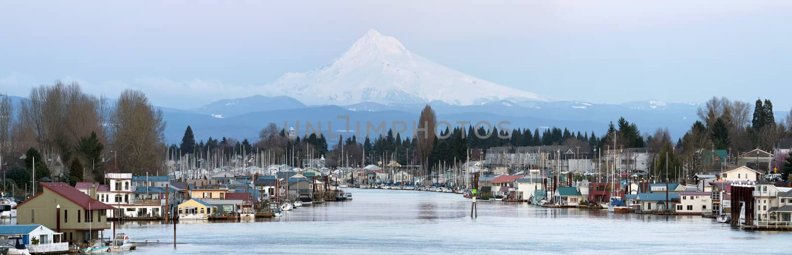 Boat Houses Along Columbia River and Mount Hood by jpldesigns