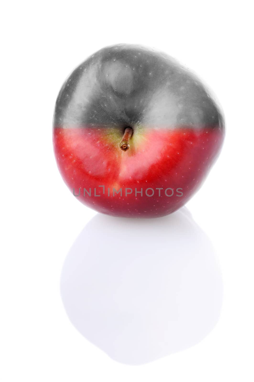 Fresh apple with stem and reflection, with red and colourless half