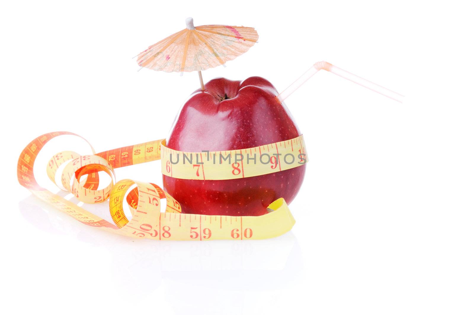 Red apple with tube and umbrella is measure by type with 60