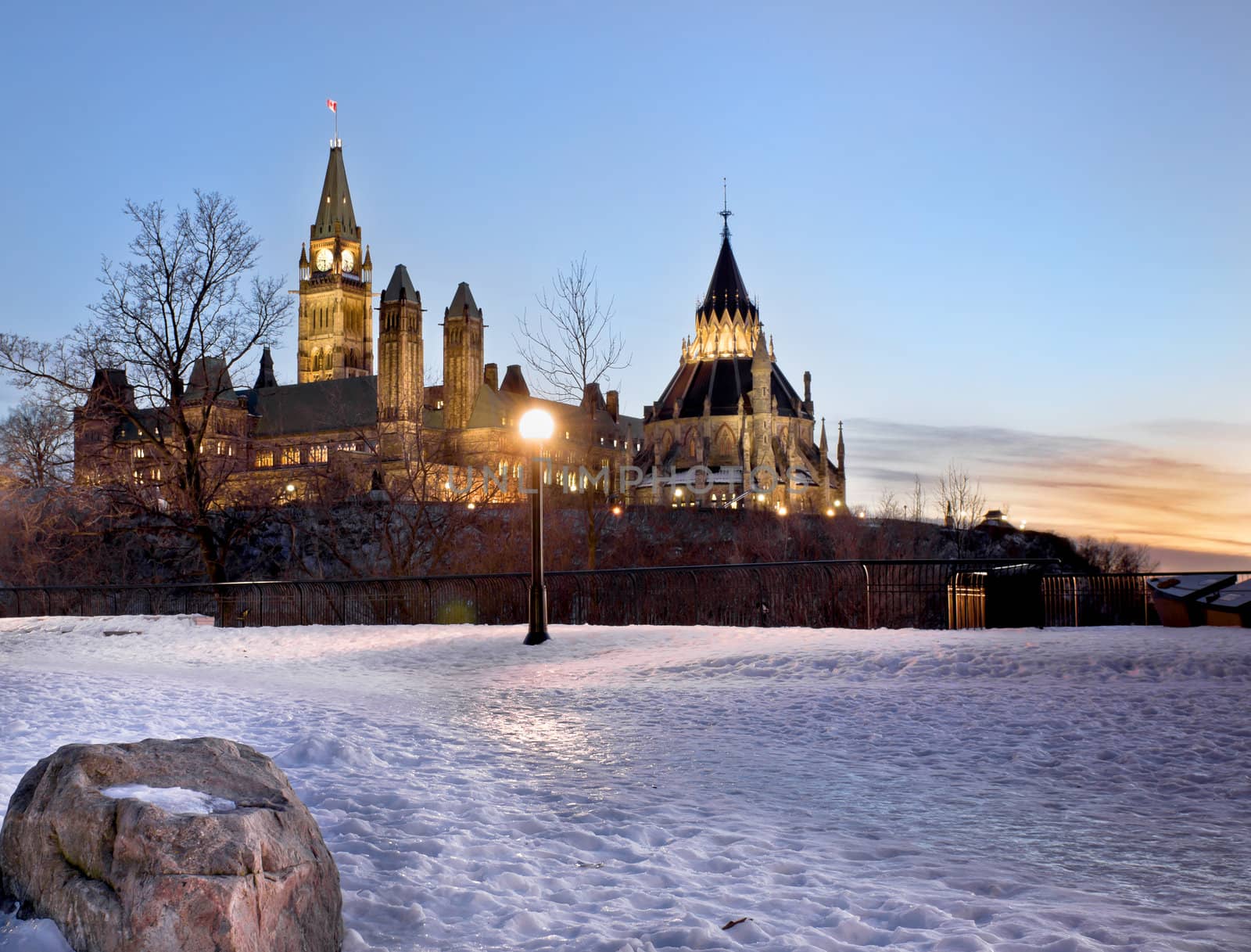 The Canadian Parliament in winter, seen from Major's Hill Park in Ottawa.
