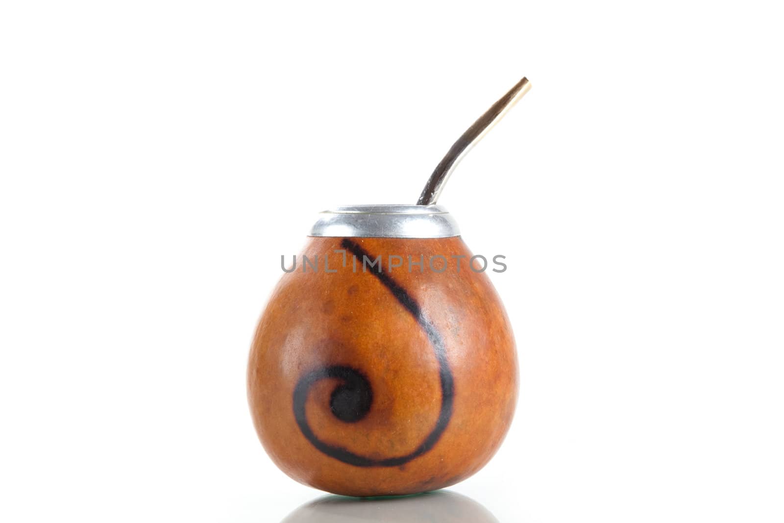 Argentinean Calabash cup with Bombilla, isolated on white background 