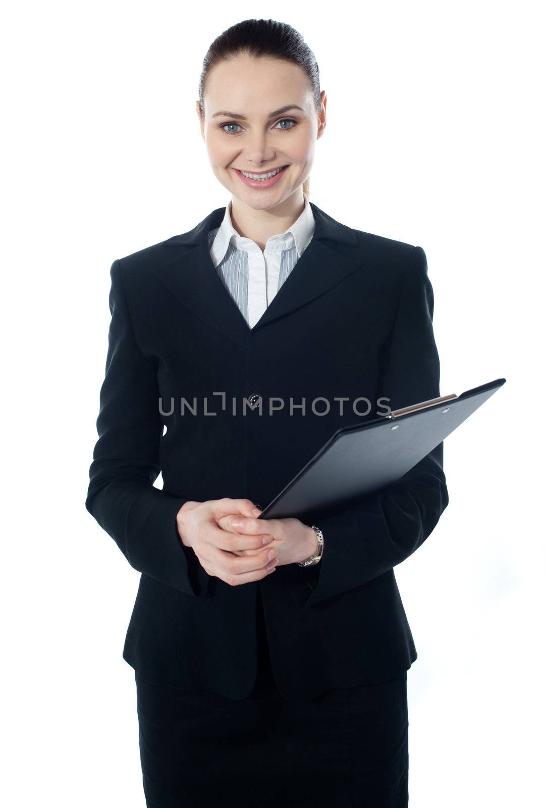 Smiling young businesswoman with folder, isolated on white