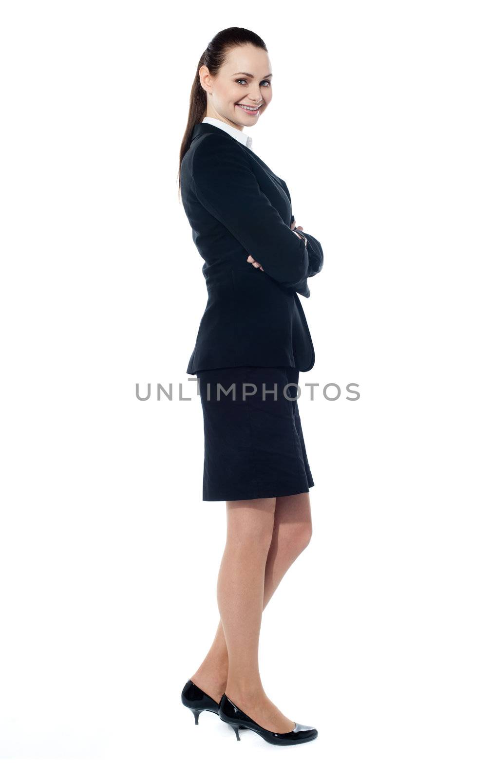 Beautiful sucessful businesswoman with folded arms, isolated on white background