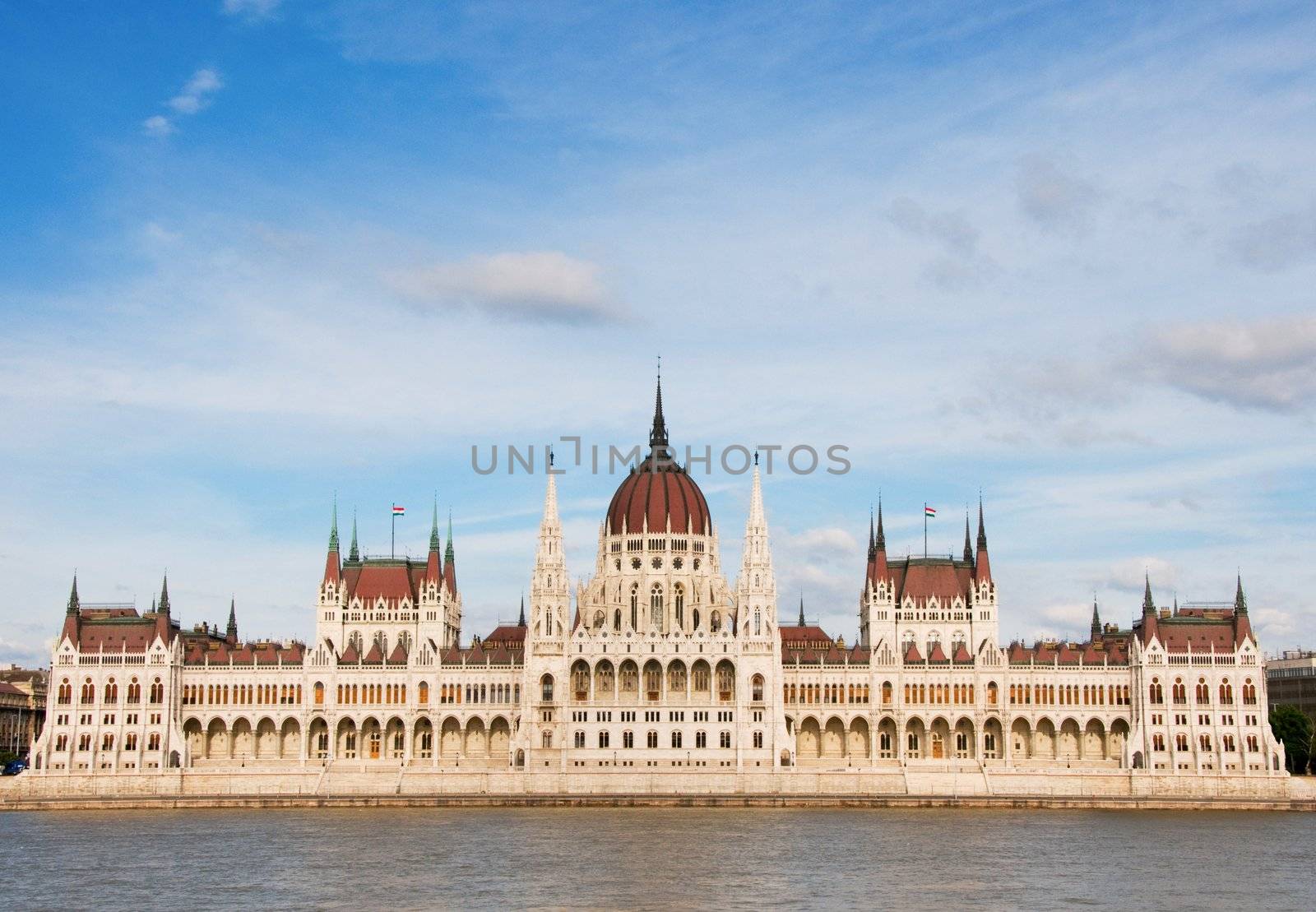 Hungarian parliament with clouds and river