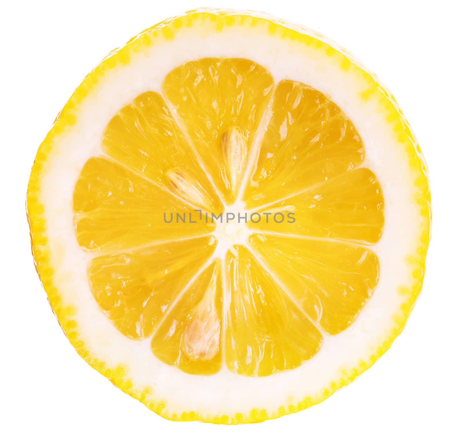 Slice of ripe lemon with three pits isolated on white background