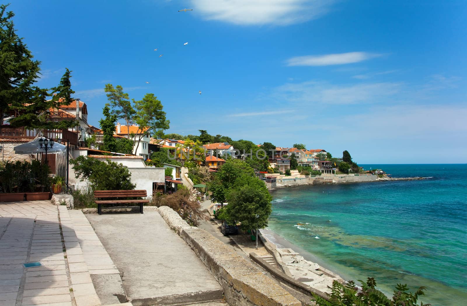 View of city Old Nessebar and sea, Bulgaria 