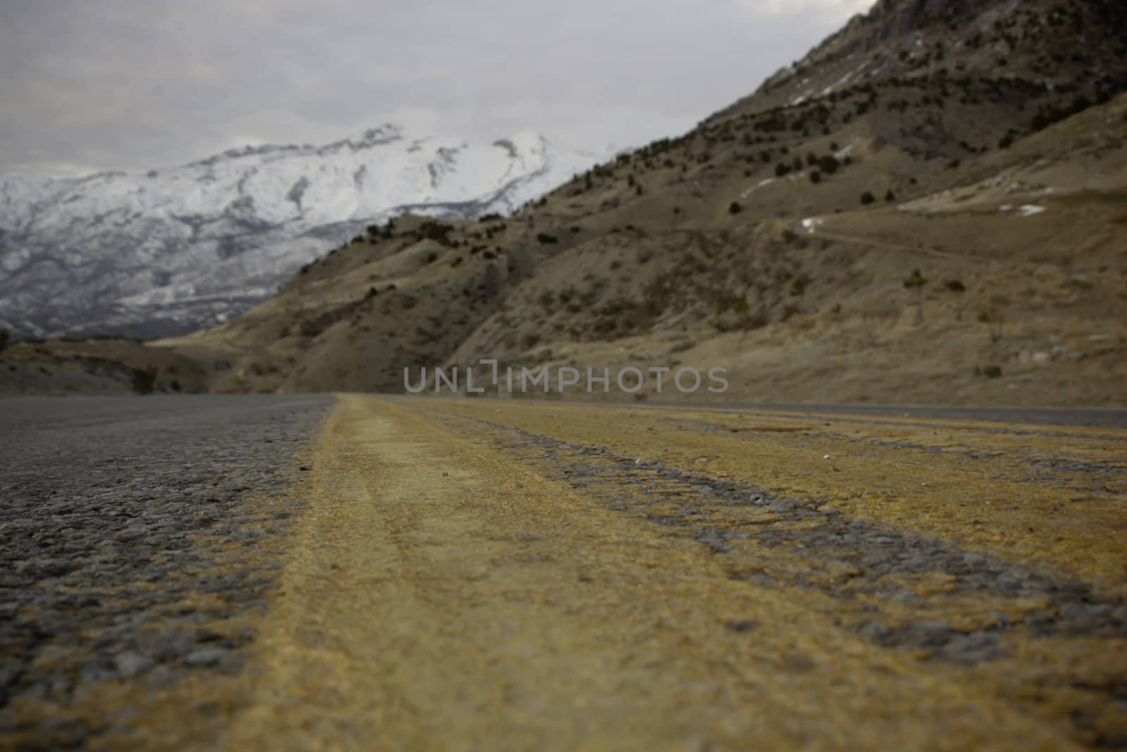 view of mountains and road from very low viewpoint bright yellow striping shallow depth of field