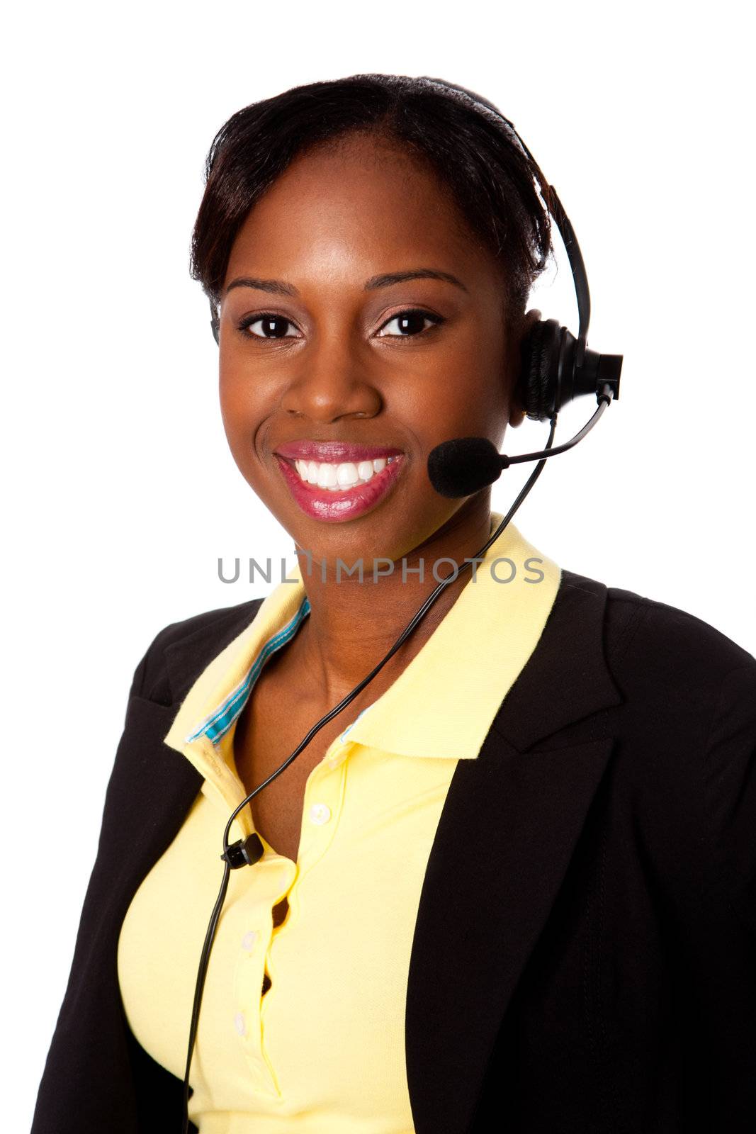 Beautiful happy smiling African business woman customer service representative operator, isolated.