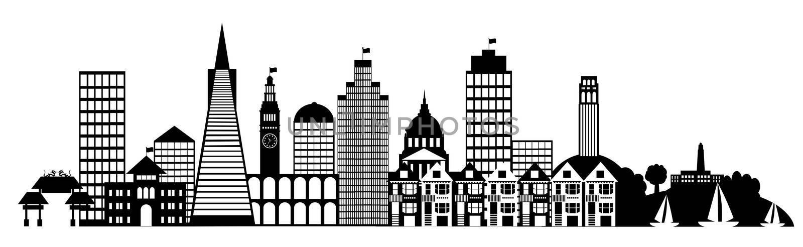 San Francisco City Skyline Panorama Black and White Silhouette Clip Art Illustration