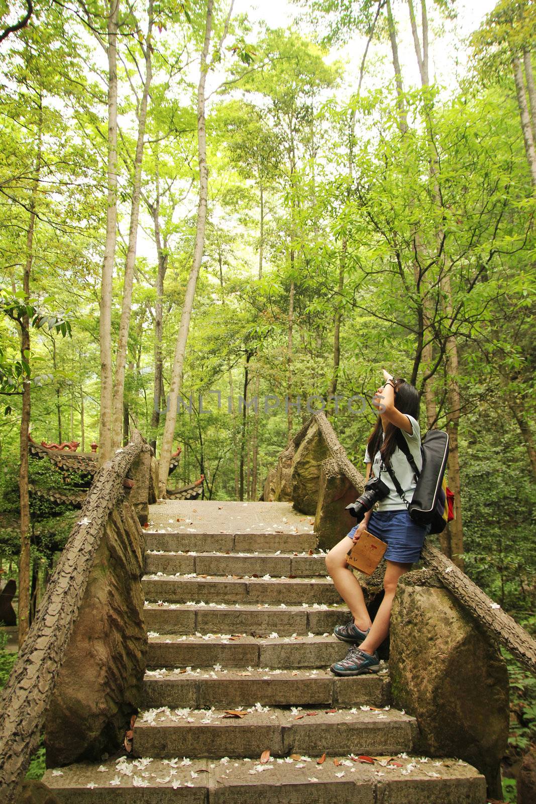 Asian woman travelling in forest