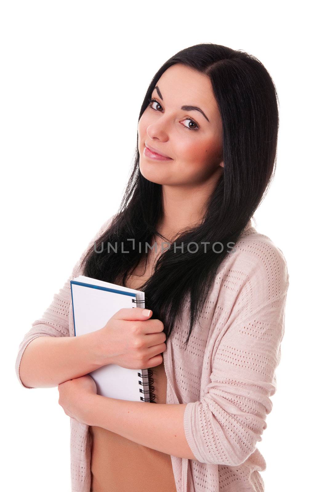 Charming smiling student with notebook isolated on white background