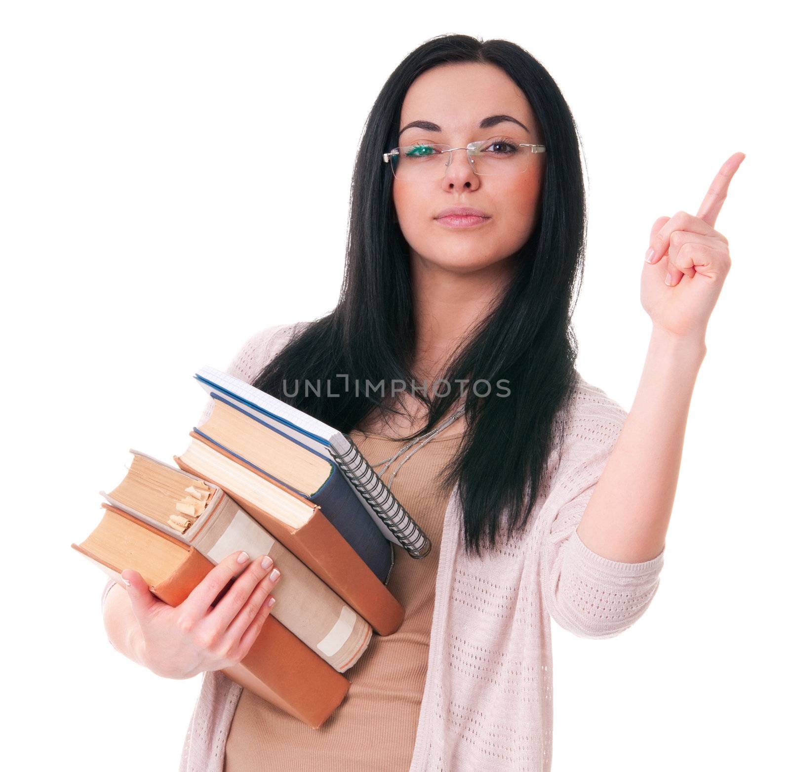 Young woman with books draws attention isolated on white background