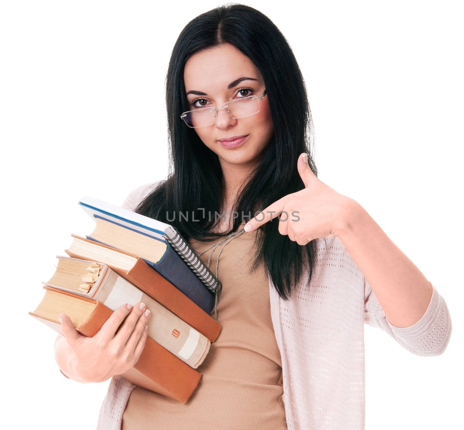Young woman draws attention to books isolated on white background