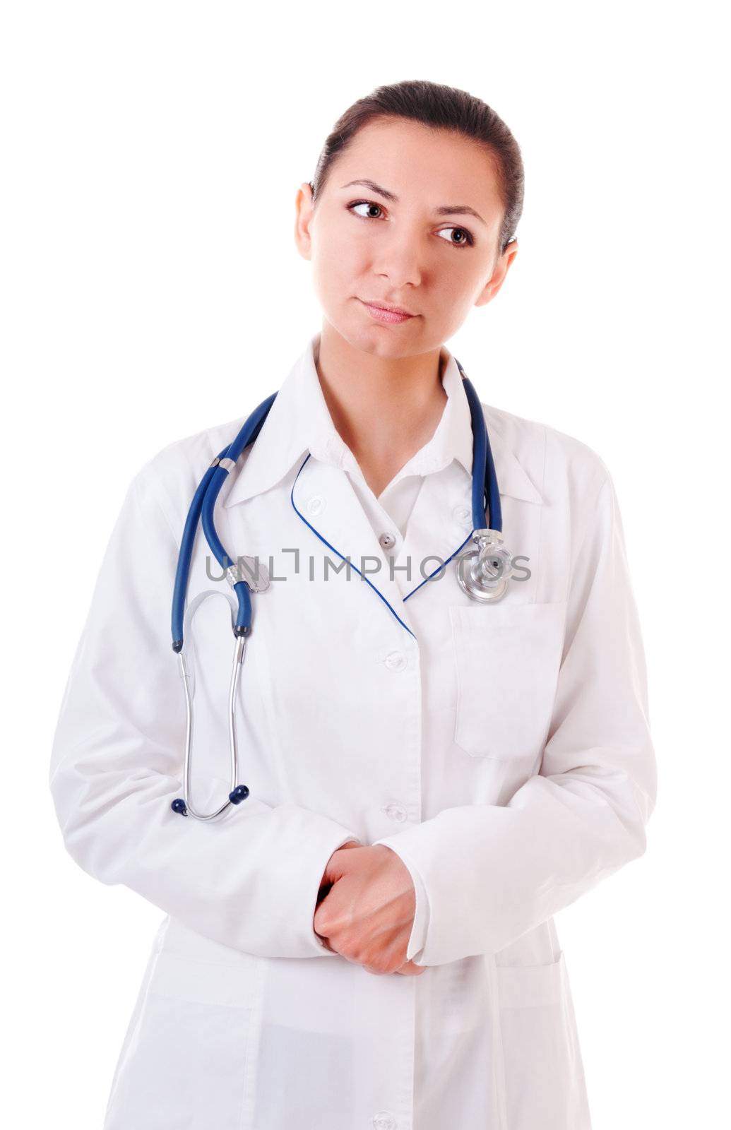 Serious doctor with stethoscope isolated on white background