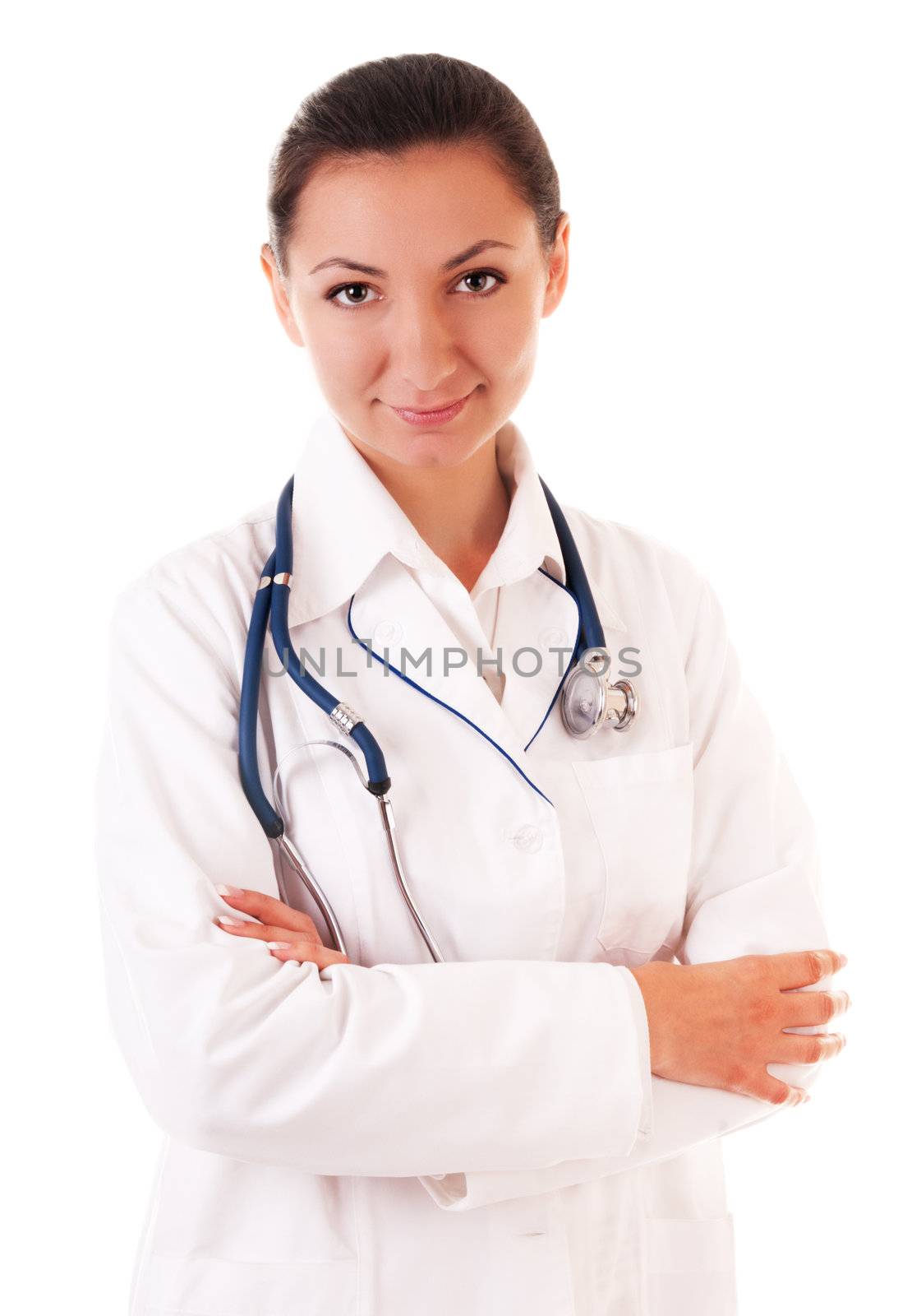 Smiling doctor with stethoscope isolated on white background