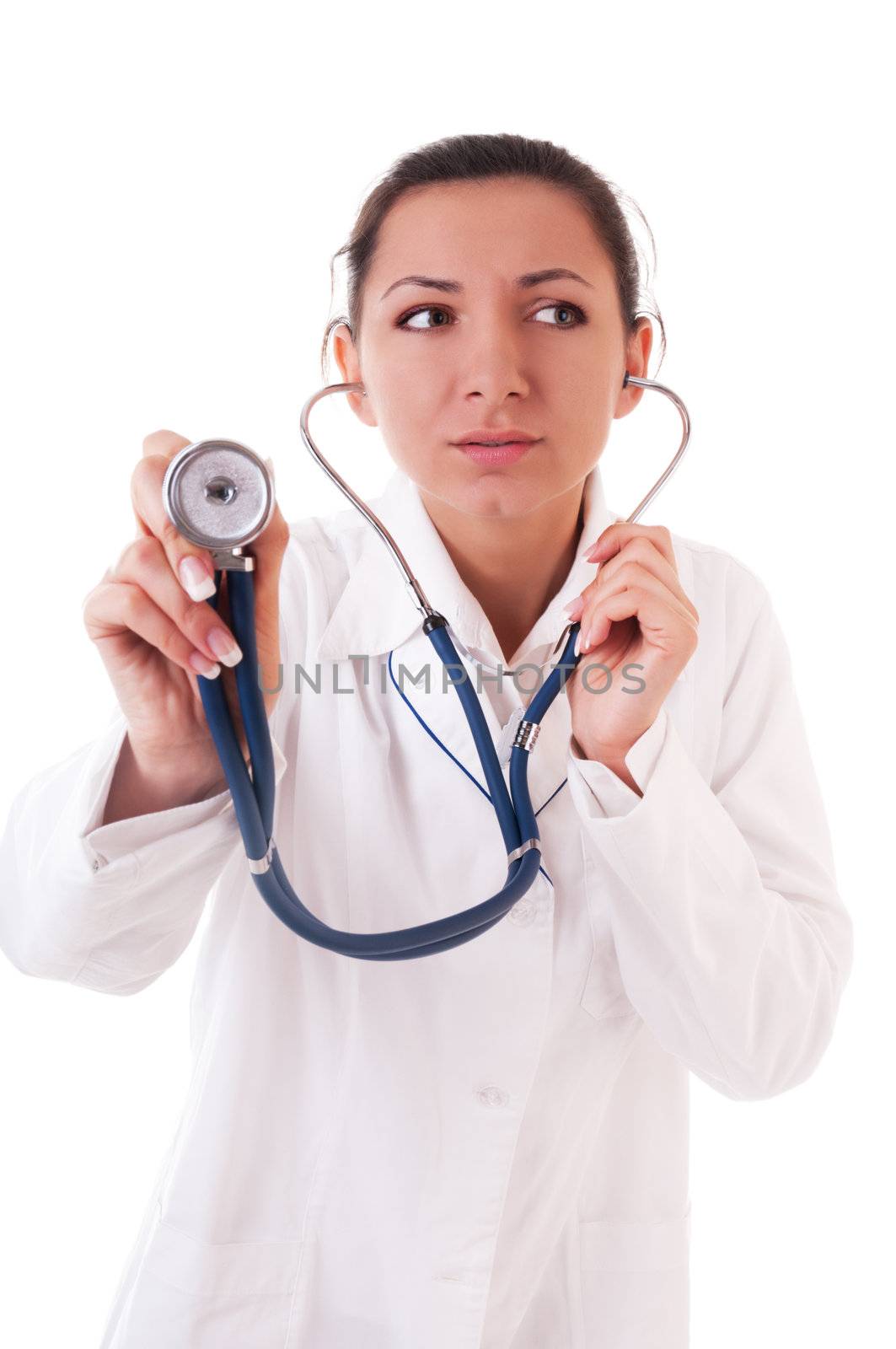 Serious doctor listen with stethoscope isolated on white background. Focus on the doctor