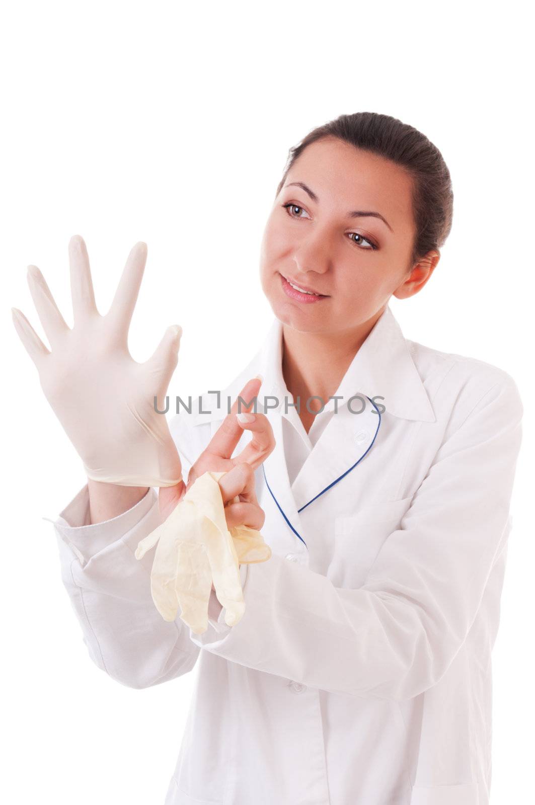 Woman in doctor's smock dress medical gloves isolated on white background